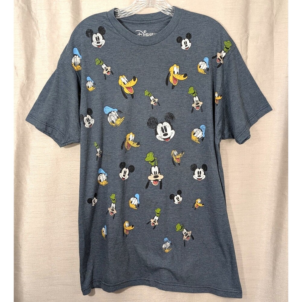 Disney T-Shirt Size LARGE Mickey Goofy Donald Pluto All Over Faces Blue